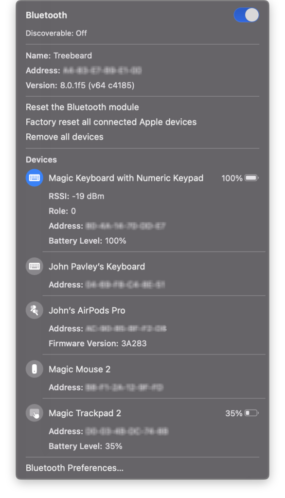 macOS Big Sur Bluetooth icon option-shift click
menu.